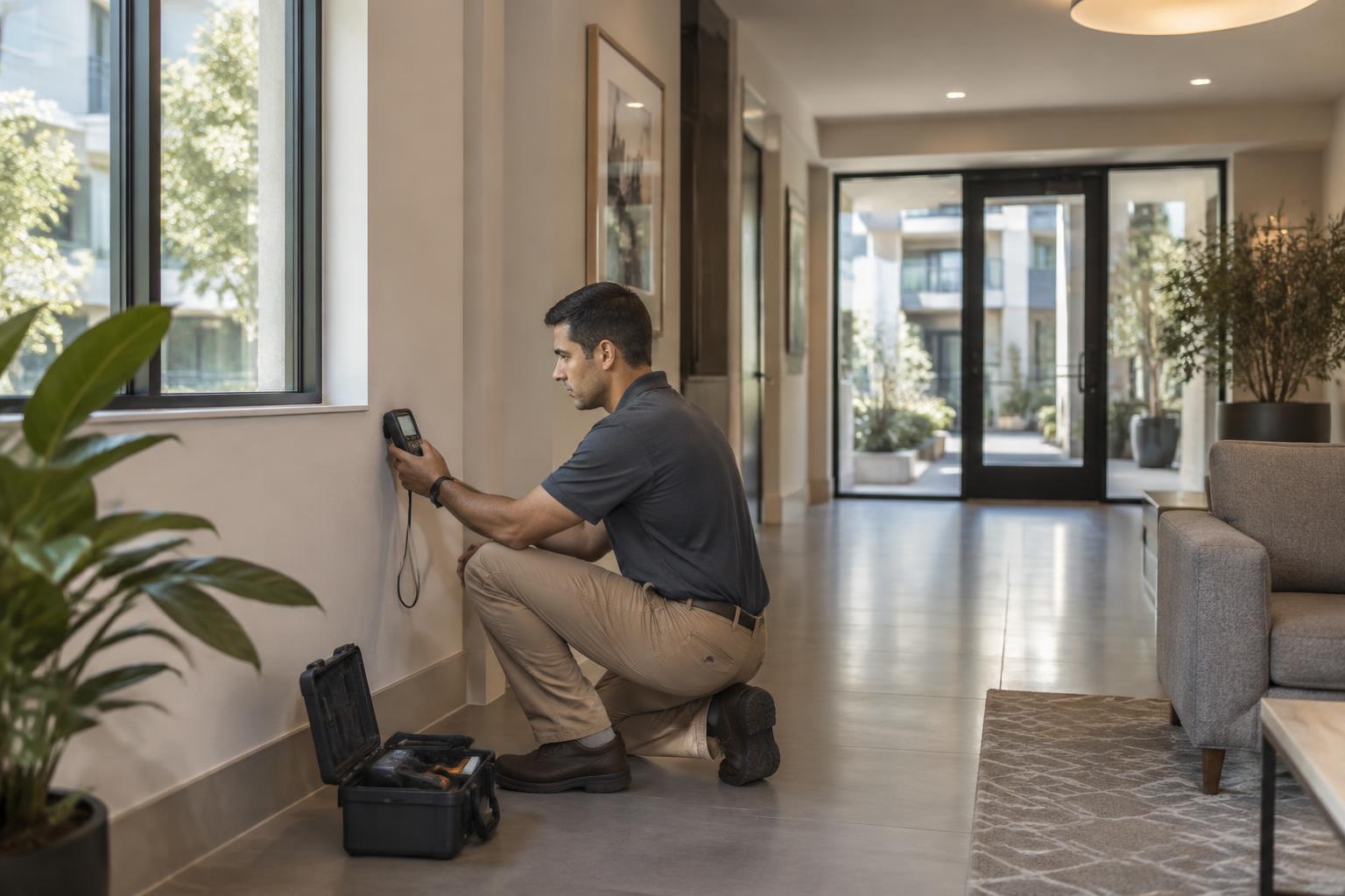 Environmental technician inspecting an interior wall at a multifamily property