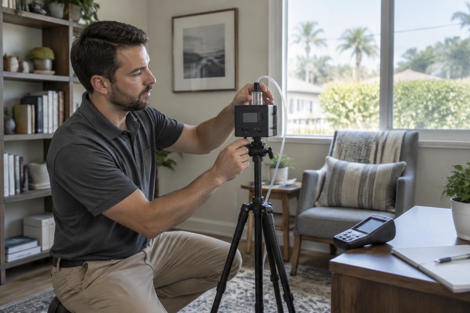 Technician adjusting indoor air-sampling equipment in an occupied room